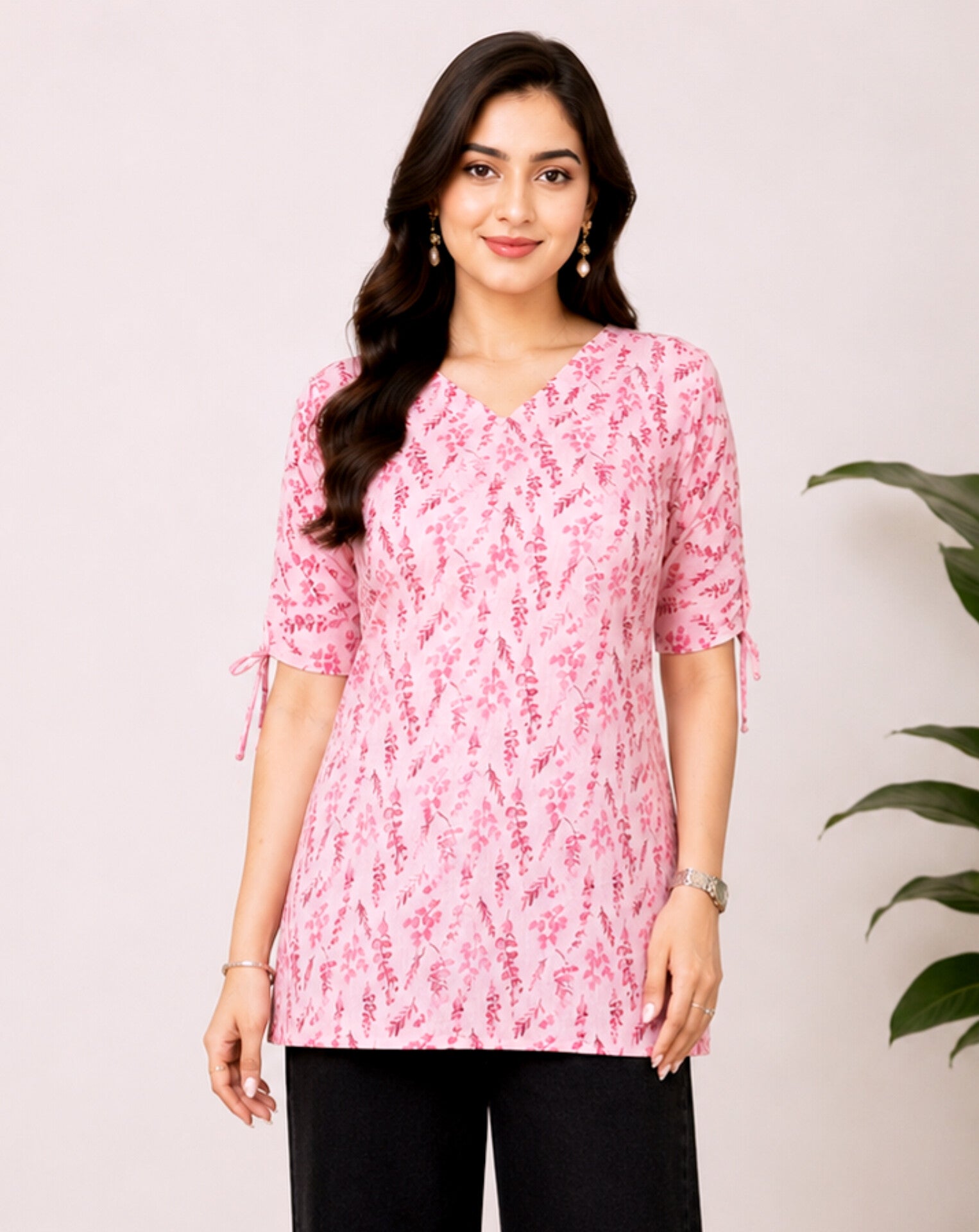 Pink tie-sleeve Kurti